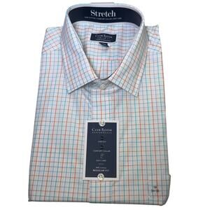 Club Room Men's Regular Fit Letto Plaid Dress Shirt Orange Aqua 18 34-35 $60